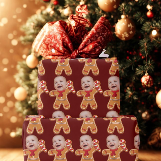 Funny Custom Face Photo Gingerbread Xmas baby Wrapping Paper (Creator Uploaded)