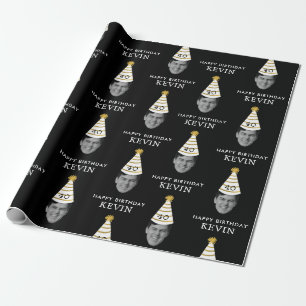 Funny Custom Face Photo Happy Birthday Black Gold Wrapping Paper
