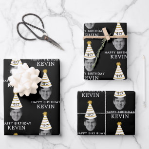 Funny Custom Face Photo Happy Birthday Black Gold Wrapping Paper Sheet