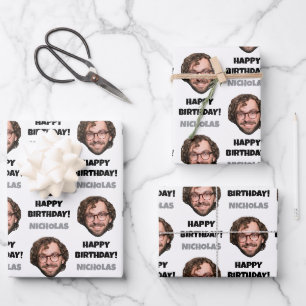 Funny Custom Face Photo Happy Birthday Black White Wrapping Paper Sheet