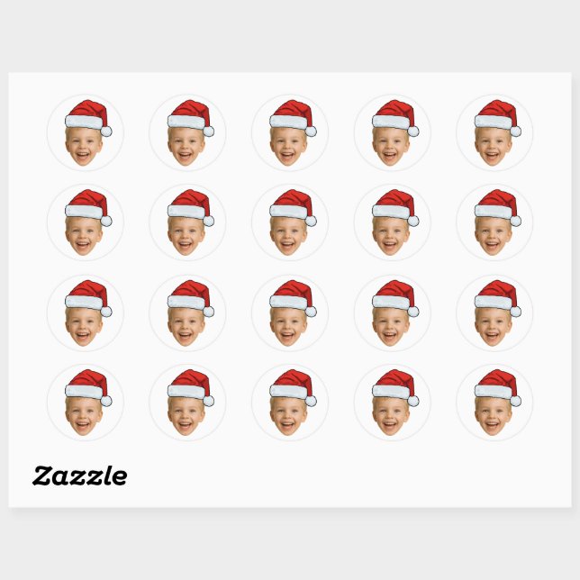 Funny Custom Face Photo Santa Hat Christmas Classic Round Sticker (Sheet)
