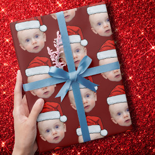 Funny Custom Face Photo Santa Hat Christmas Red Wrapping Paper