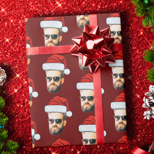Funny Custom Face Photo Santa Hat Christmas Red Wrapping Paper