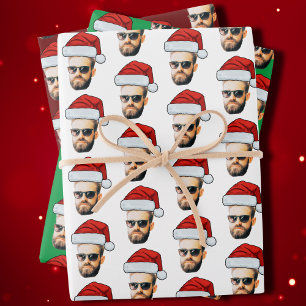 Funny Custom Face Photo Santa Hat Christmas Wrapping Paper Sheet