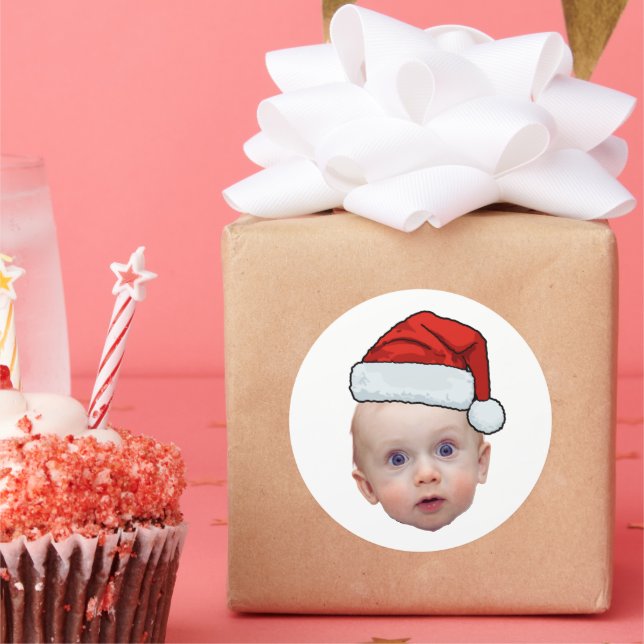 Funny Custom Face Photo Santa Head Christmas Classic Round Sticker (Party)
