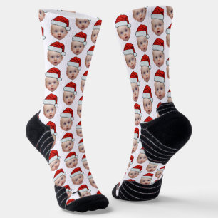 Funny Custom Face Photo Santa Head Christmas Socks