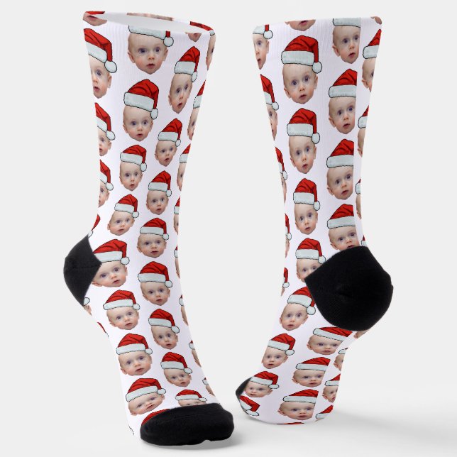 Funny Custom Face Photo Santa Head Christmas Socks (Angled)