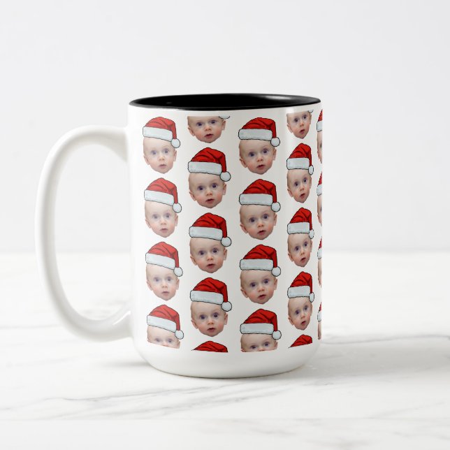 Funny Custom Face Photo Santa Head Christmas Two-Tone Coffee Mug (Left)