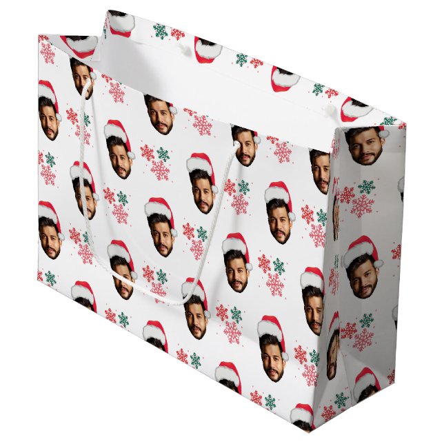 Funny Custom Face Photo Santa Head Snowflake Large Gift Bag (Front Angled)