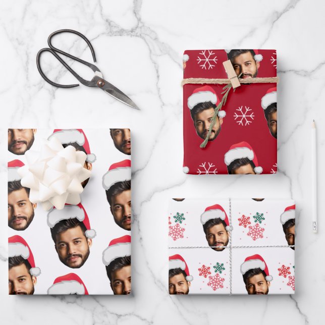 Funny Custom Face Photo Santa Head & Snowflakes Wrapping Paper Sheet (Front)