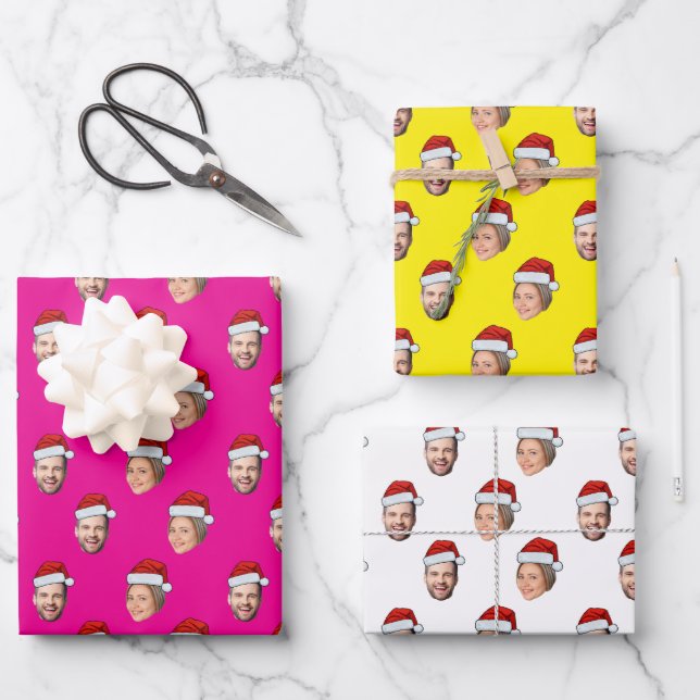 Funny Custom Face Photo Santa Head Wrapping Paper Sheet (Front)