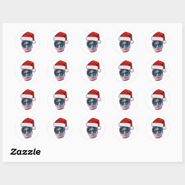Funny Custom Face Santa Hat Photo Christmas  Classic Round Sticker (Sheet)