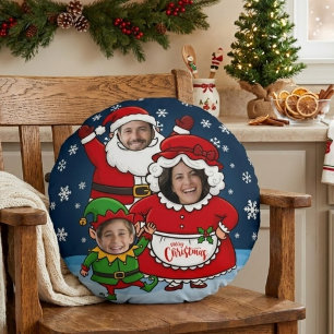 Funny Custom Face Santa Mrs Claus Elf Christmas Round Cushion