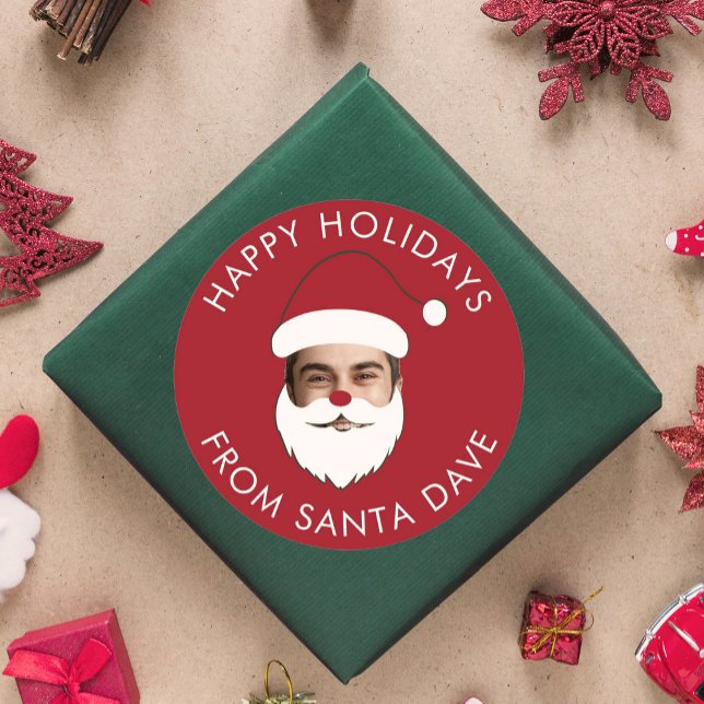 Funny Custom Face Swap Santa Claus Christmas Text Classic Round Sticker (Creator Uploaded)