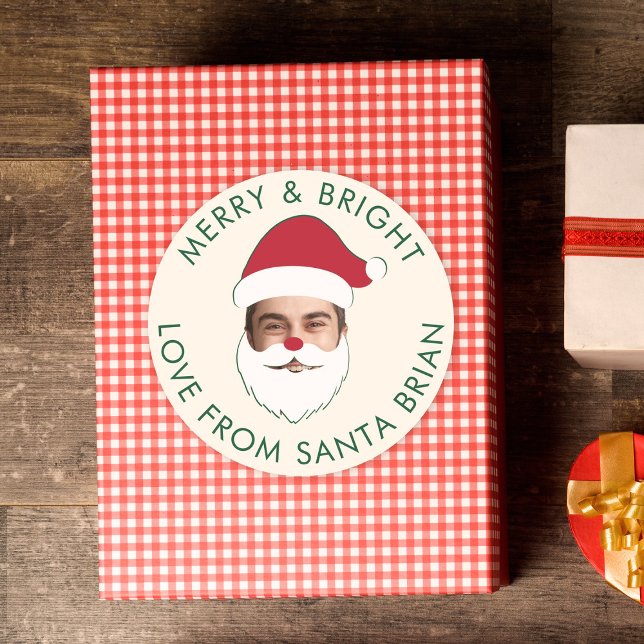 Funny Custom Face Swap Santa Claus Christmas Text Classic Round Sticker (Creator Uploaded)