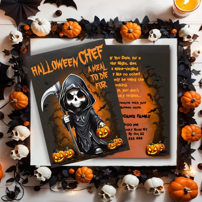 Funny Custom Halloween reaper chef dinner party Invitation (Funny Spooky Halloween dinner party invitation, the reaper as chef.)