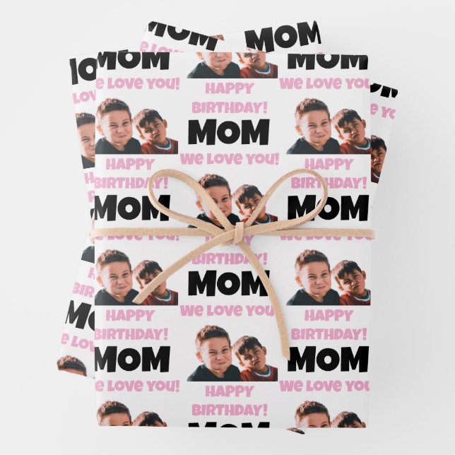 Funny Custom Kids Face Photo Happy Birthday Mum Wrapping Paper Sheet (In situ)