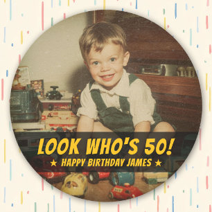 Funny Custom Photo Birthday Look who's 50 Classic Round Sticker