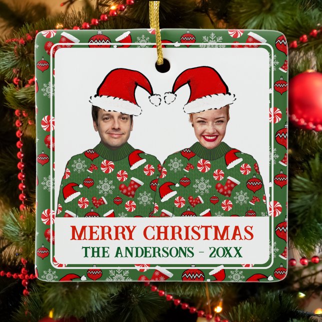 Funny Custom Photo Merry Christmas Ugly Sweater Ceramic Ornament (Creator Uploaded)
