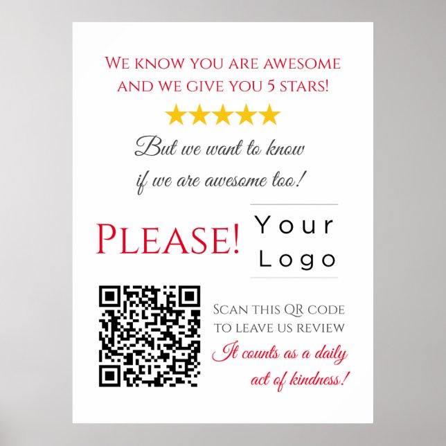 Funny Custom QR Code Business Logo Review  red Poster (Front)