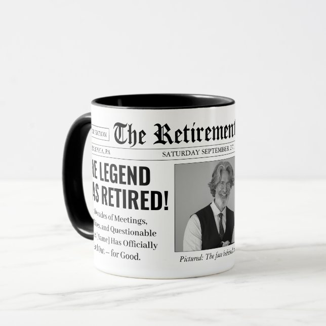Funny Custom Retirement Newspaper Photo Mug (Front Left)