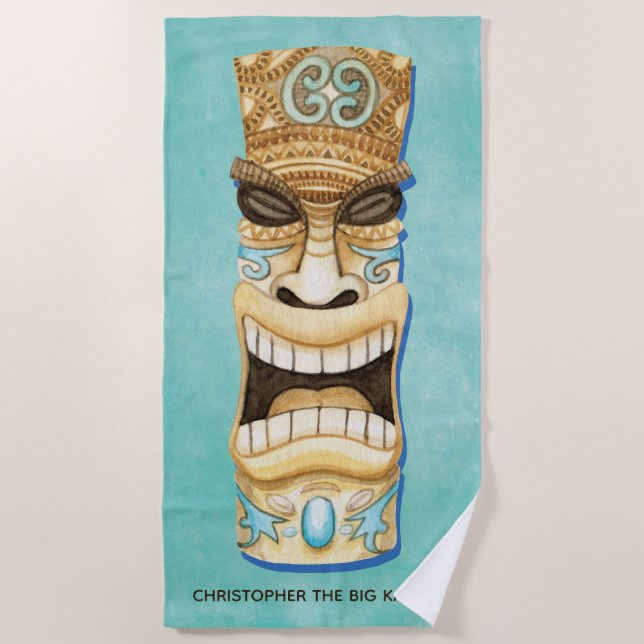 Funny Custom Tiki Beach Island Monogrammed Beach Towel (Front)