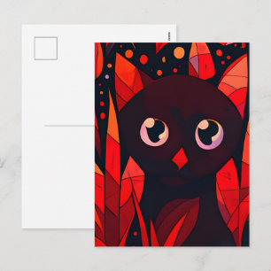 Funny Cut Cat Hiding Behind Leaves Anime Style Holiday Postcard