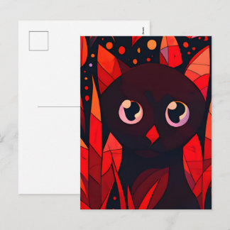 Funny Cut Cat Hiding Behind Leaves Anime Style Holiday Postcard
