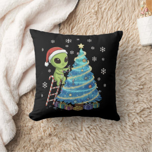 Funny Cute Alien Santa Decorating Space Christmas Cushion