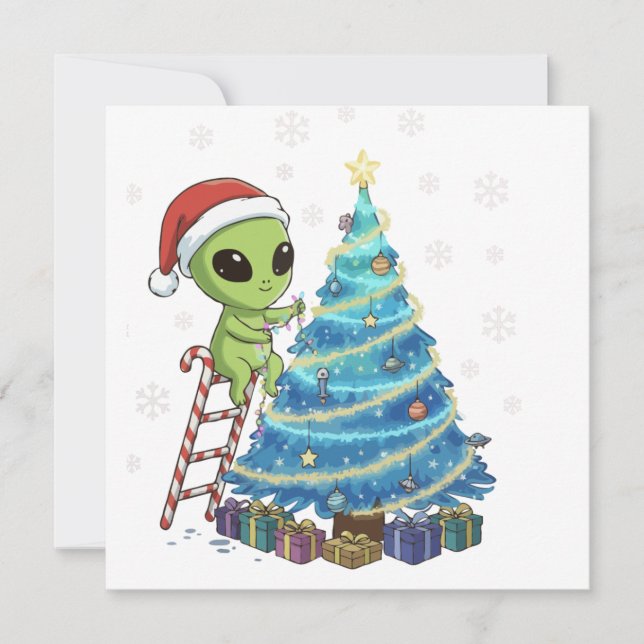 Funny Cute Alien Santa Decorating  Space Christmas Holiday Card (Front)