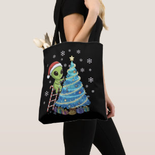 Funny Cute Alien Santa Decorating Space Christmas Tote Bag