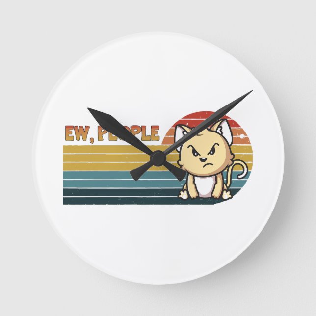 Funny Cute Angry Cat People Round Clock (Front)