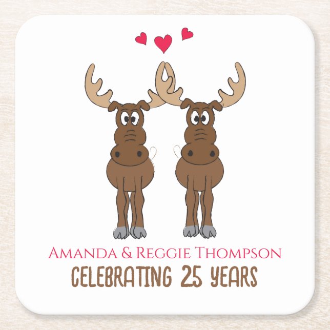 Funny Cute Anniversary Party Whimsical Moose Square Paper Coaster (Front)