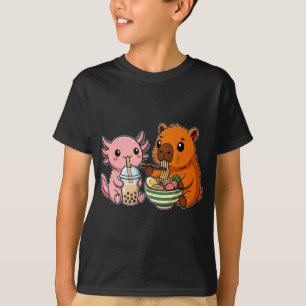 Funny Cute Axolotl and Capybara Eating Ramen T-Shirt