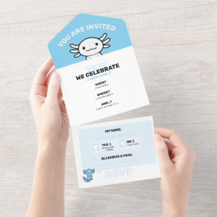 Funny cute Axolotl Squad custom editable blue All In One Invitation