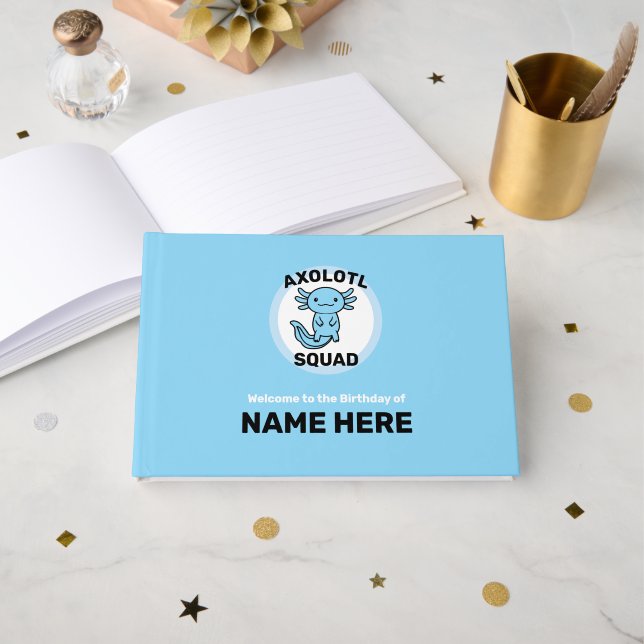 Funny cute Axolotl Squad custom editable blue Guest Book (Front Open)