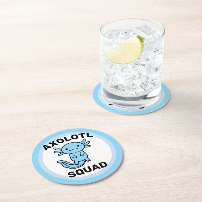 Funny cute Axolotl Squad custom editable blue Round Paper Coaster (Insitu)