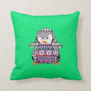 Funny Cute Aztec Penguin on Green Background Cushion