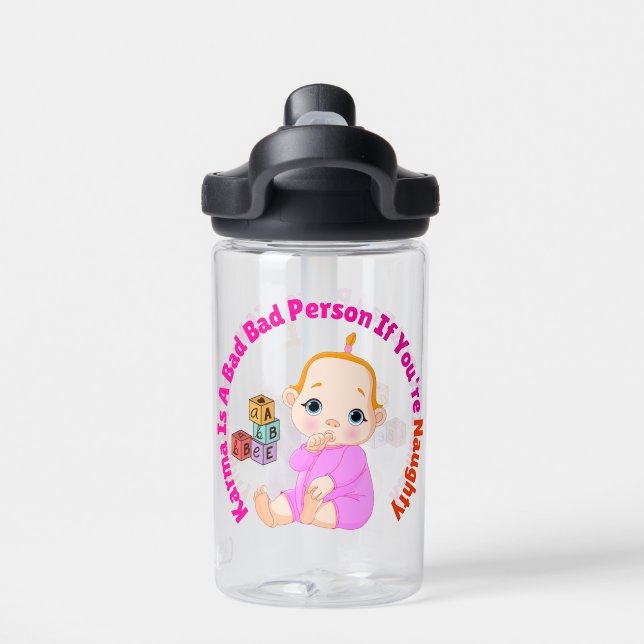 Funny, Cute Baby Cubes Karma Is A Bad Bad Person Water Bottle (Back)