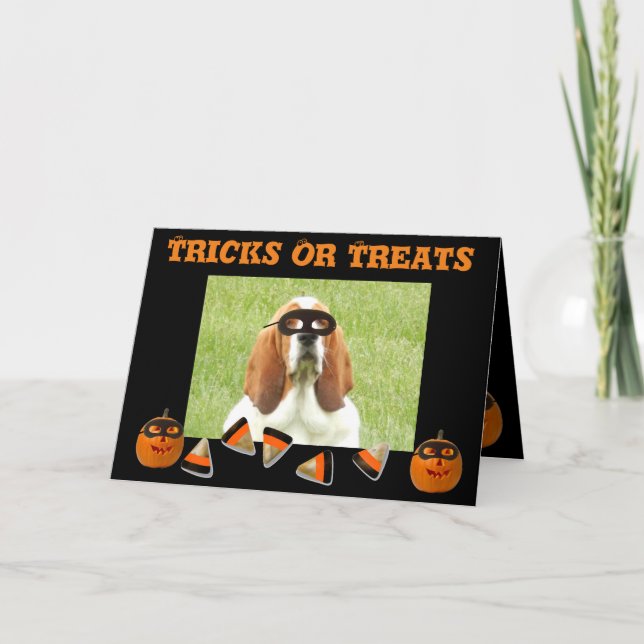 Funny & Cute Basset Hound & Pumpkin Halloween Card (Front)