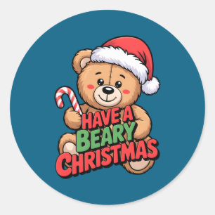 Funny Cute Bear Pun Holiday Xmas Have A Beary Chri Classic Round Sticker