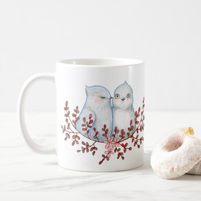 Funny Cute Bird Couple Adorable Winter Birds Art Coffee Mug (With Donut)