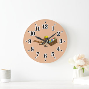 Funny Cute Bird with Colourful Eggs Basket Large Clock