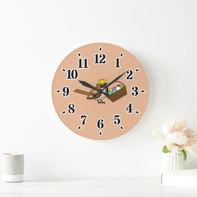 Funny Cute Bird with Colourful Eggs Basket Large Clock (Home)