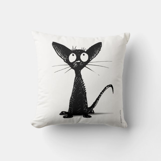 Funny Cute Black and White Cat Art Cushion (Front)