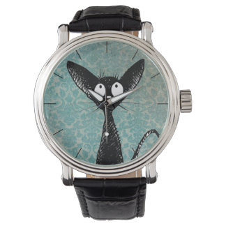 Funny Cute Black Cat Art on Blue Damask Watch