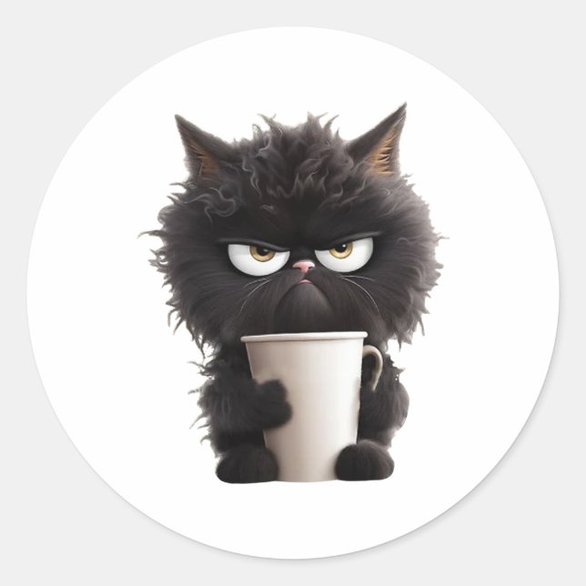 Funny Cute Black Cat Coffee Angry  Classic Round Sticker (Front)