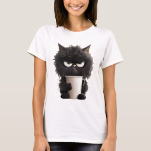 Funny Cute Black Cat Coffee Angry T-Shirt