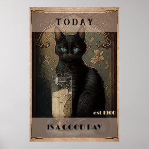 Funny cute Black cat drinking milk Poster