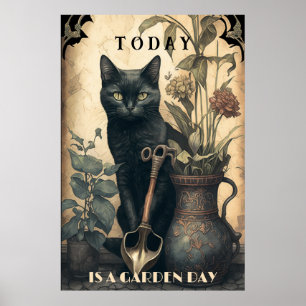 Funny cute Black cat in the garden  Poster